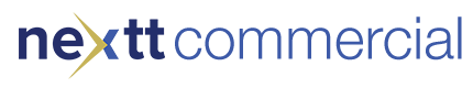 Logo featuring stylized faces in blue and gold beside "Nextt Commercial Builders" in sleek blue text.